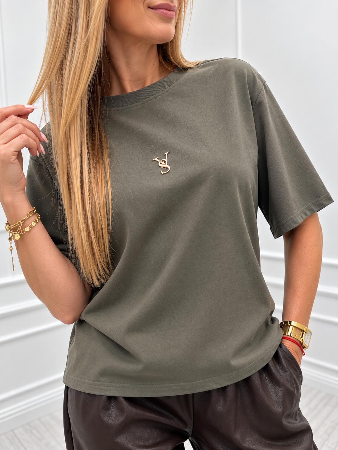 Klasyczny Bluzka T-shirt Velsatino z Minimalistycznym Logo Khaki
