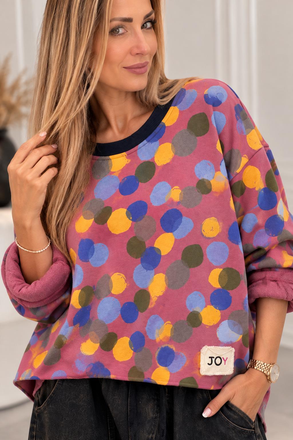 Bluzka /Bluza JOY w Kolorowe Kropeczki na Liliowym