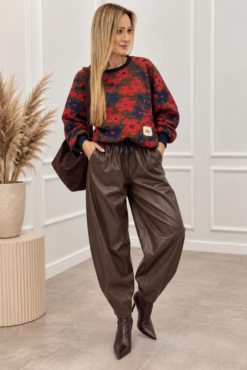 Bluza JOY Jesień Flowers Kolor Czekoladowy z Czerwonymi Kwiatami